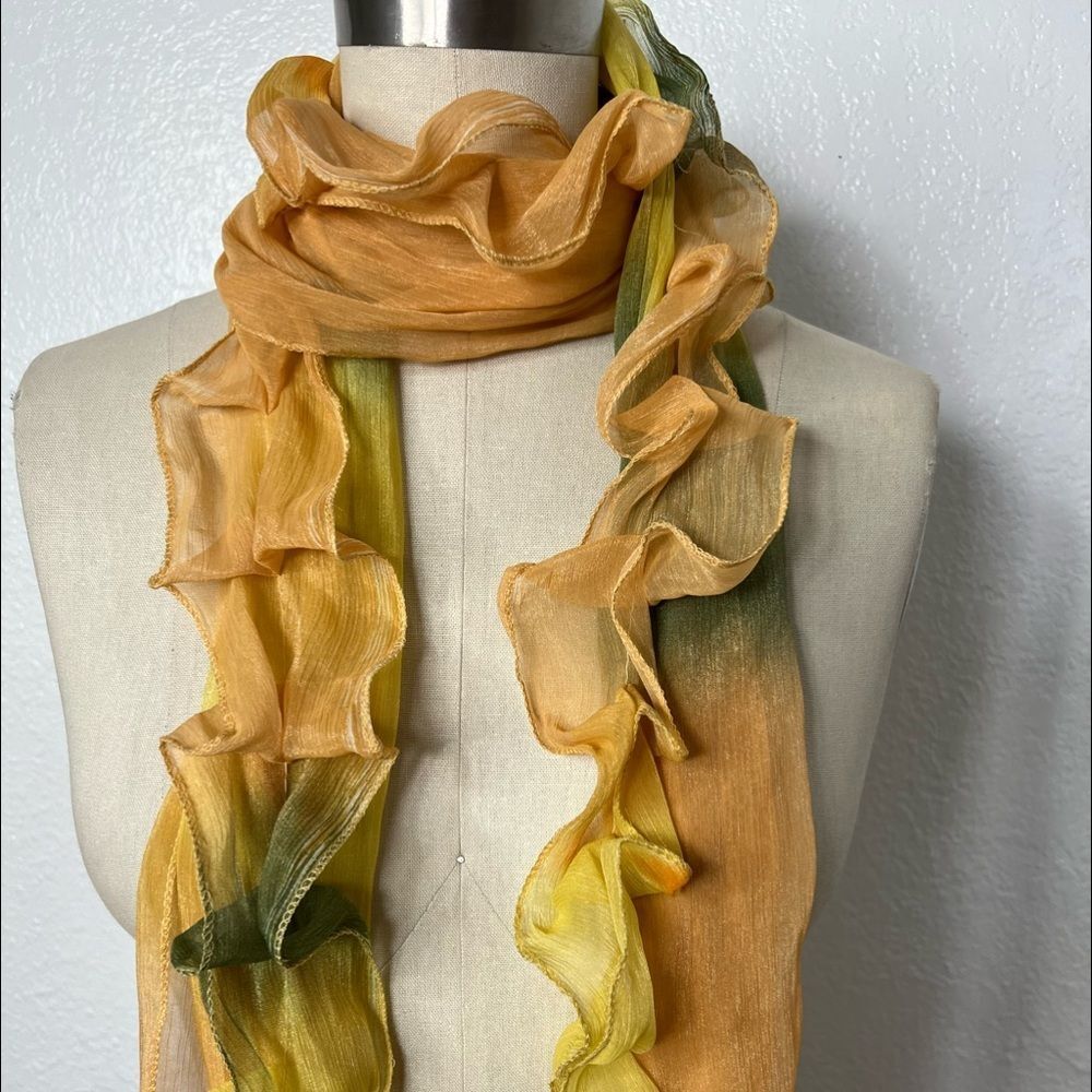 Vintage Y2K yellow green watercolor ruffle neck sheer scarf - Picture 2 of 3